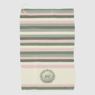Modern Pink Green Stripe Monogrammed  Golf Towel