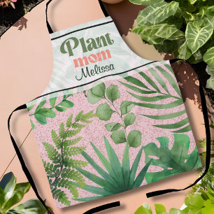Modern Pink Green Watercolor Leaves Plant Mum  Apron