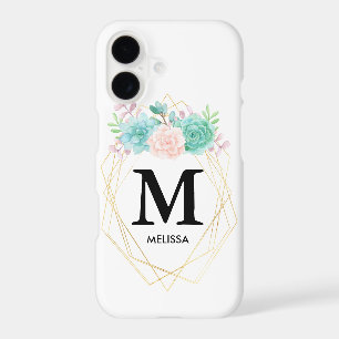 Modern Pink & Green Watercolor Succulents Monogram
