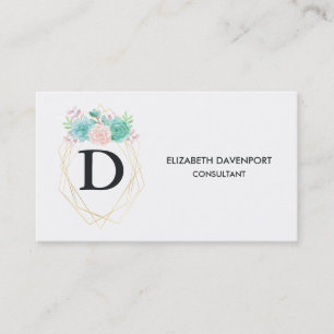 Modern Pink & Green Watercolor Succulents Monogram Business Card