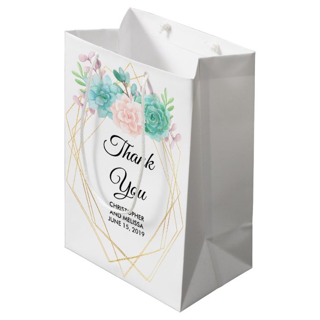Modern Pink & Green Watercolor Succulents Wedding Medium Gift Bag (Front Angled)