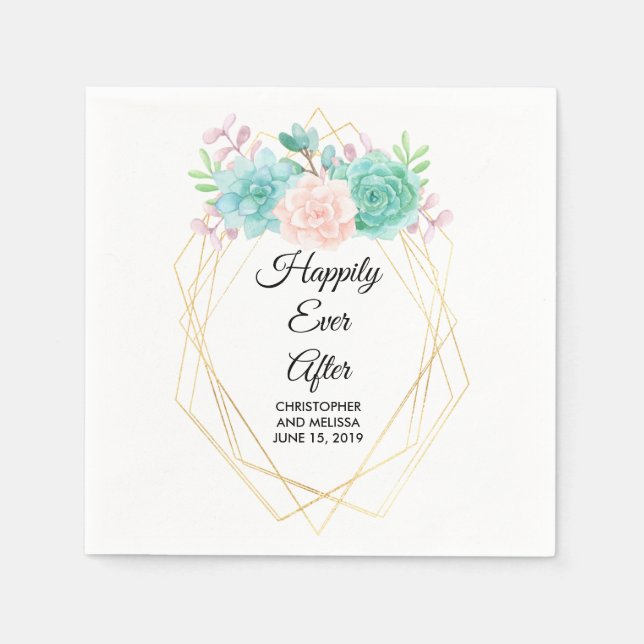 Modern Pink & Green Watercolor Succulents Wedding Napkin (Front)