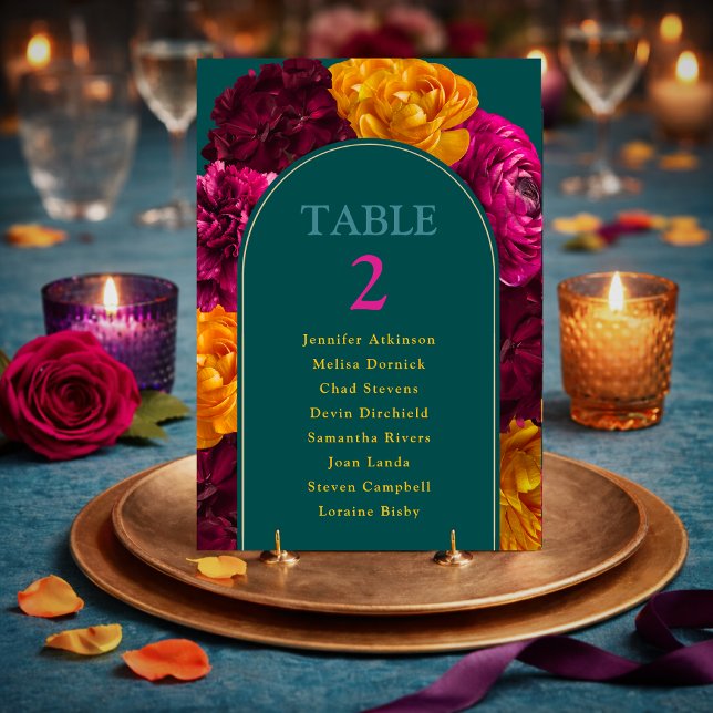 Modern pink green yellow floral  table number (Creator Uploaded)