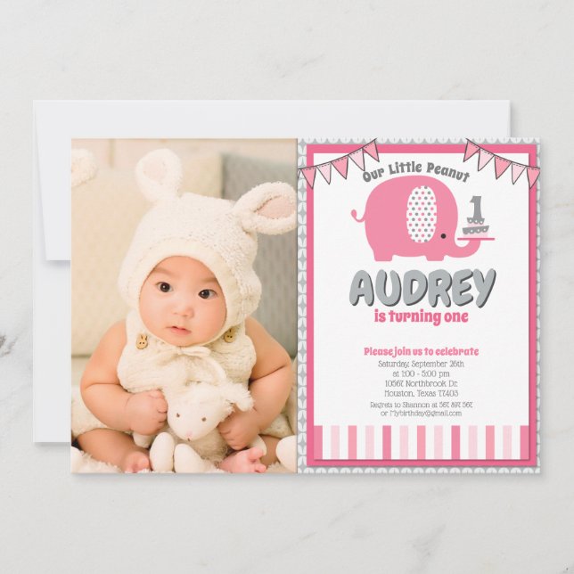 Modern Pink Grey Baby Elephant First Birthday Phot Invitation (Front)