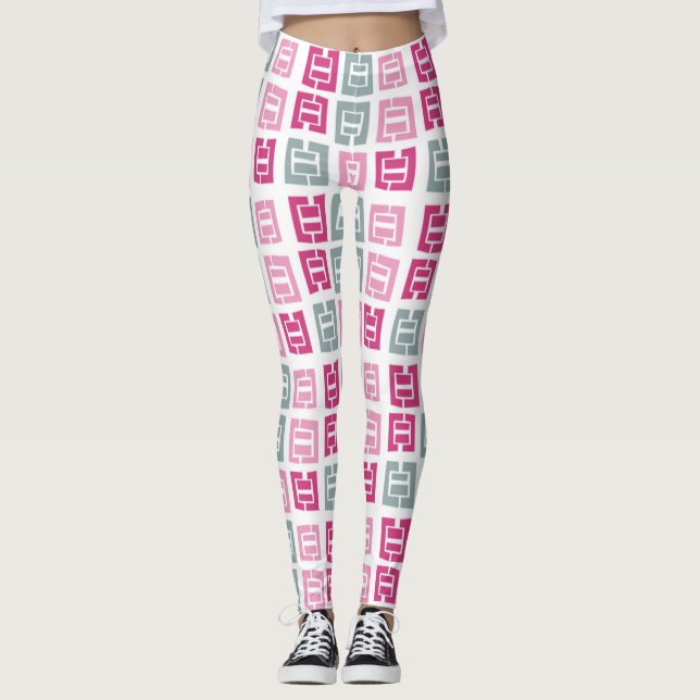 Modern Pink & Grey Box Pattern Leggings (Front)