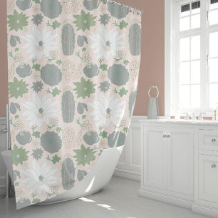 Modern Pink Grey Cacti Succulent Floral Shower Curtain