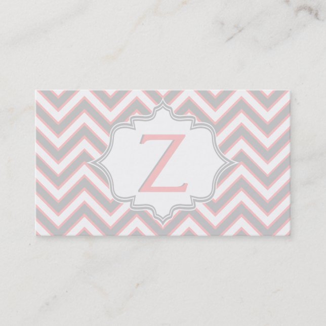 Modern pink, grey chevron monogram personalised business card (Front)