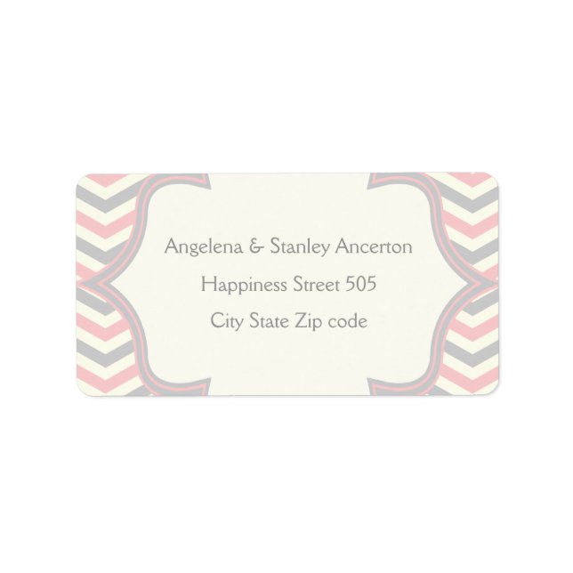 Modern pink, grey chevron zigzag wedding label (Front)