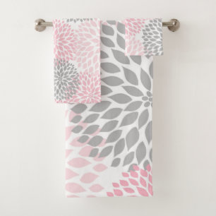 Modern Pink Grey dahlia floral bath decor Bath Towel Set