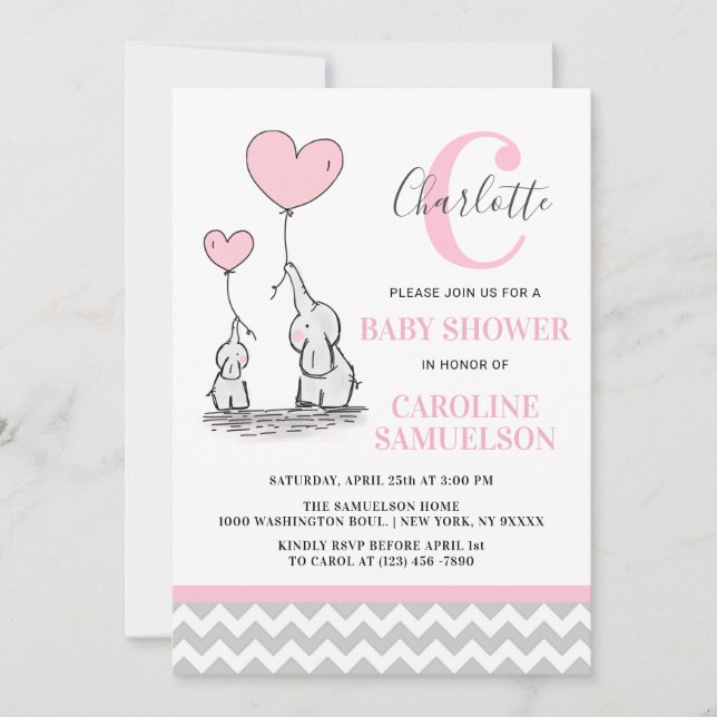 Modern Pink Grey Elephant BABY SHOWER Baby Girl Invitation (Front)