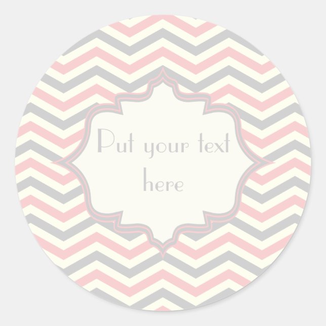 Modern pink, grey, ivory chevron pattern custom classic round sticker (Front)