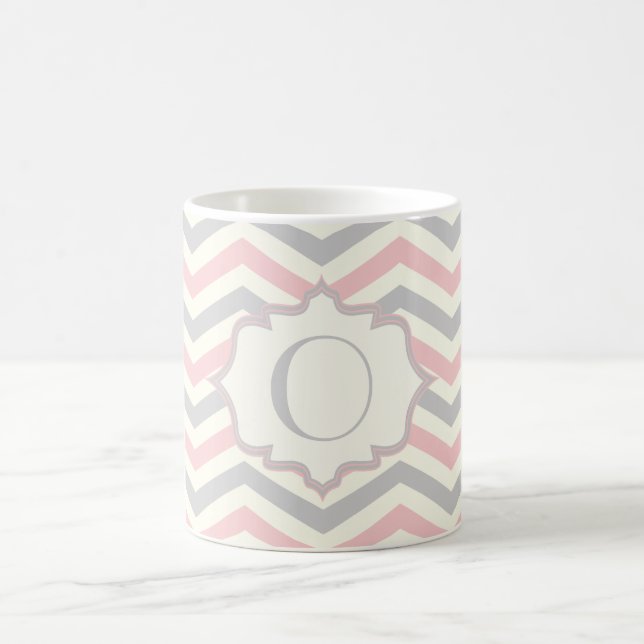 Modern pink, grey, ivory chevron pattern custom coffee mug (Center)