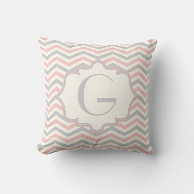 Modern pink, grey, ivory chevron pattern custom cushion (Front)