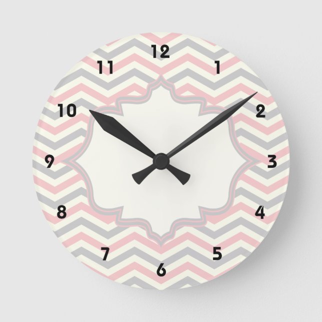 Modern pink, grey, ivory chevron pattern custom round clock (Front)
