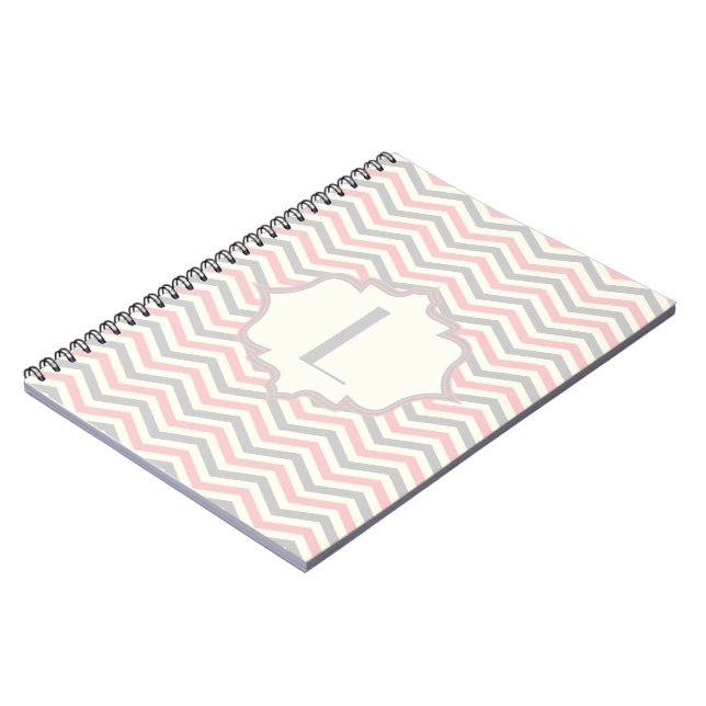 Modern pink, grey, ivory chevron pattern custom spiral notebook (Left Side)