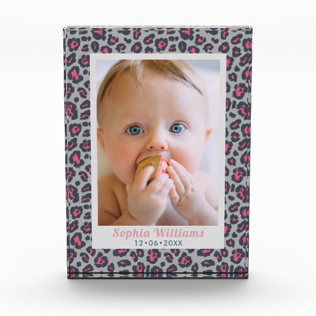 Modern Pink Grey Leopard Print Baby Photo (Front)