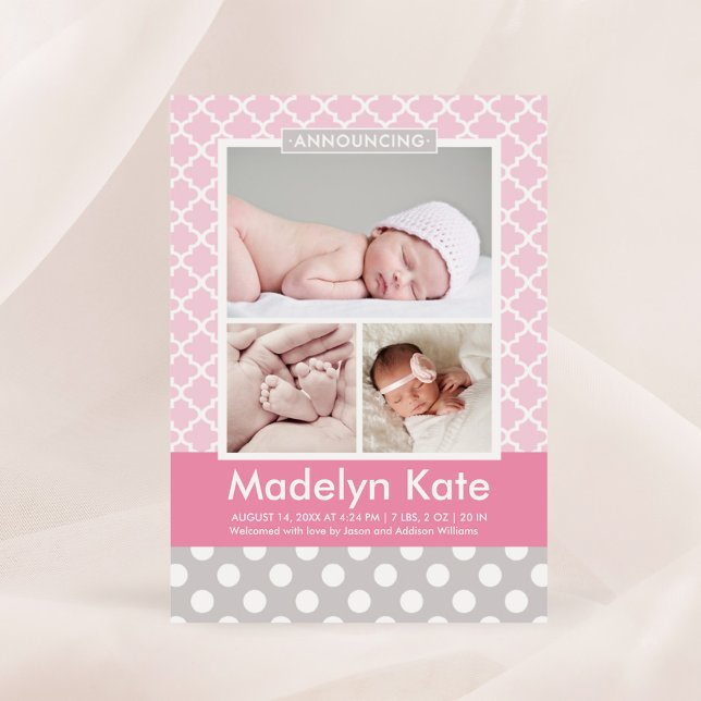 Modern Pink Grey Pattern Baby Girl Photo Birth Announcement (Creator Uploaded)