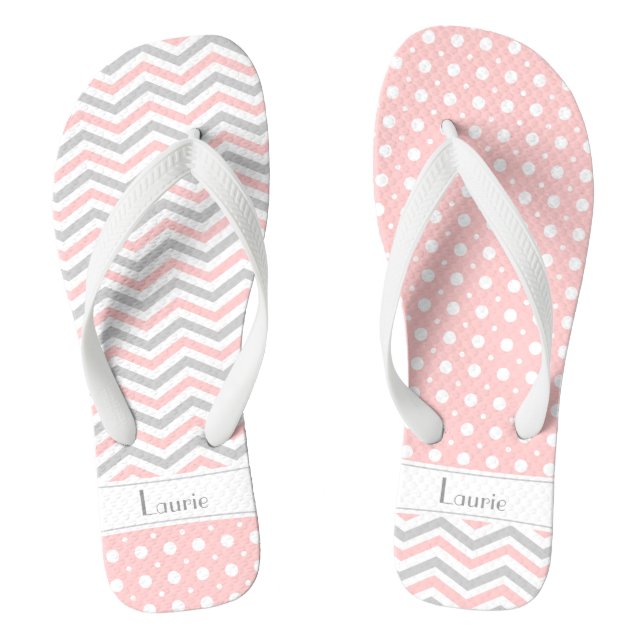 Modern pink, grey, white chevron & polka dot jandals (Footbed)