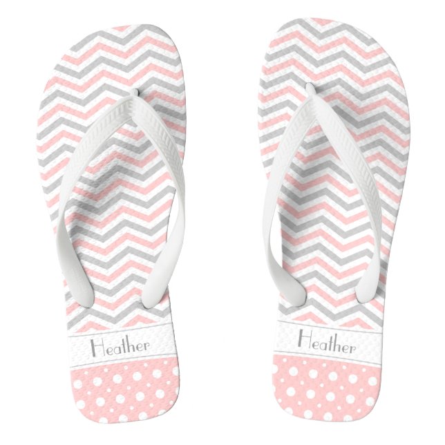 Modern pink, grey, white chevron & polka dot jandals (Footbed)