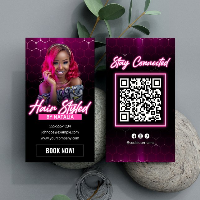 Modern Pink Hair Salon Qr Code Social Media Business Card (Creator Uploaded)