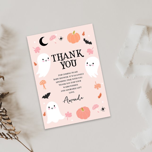 Modern Pink Halloween Baby Shower Thank You Card (Pink Halloween Baby Shower Thank You Card Ghosts Our Little Boo Themed Girls Baby Shower Thank You)