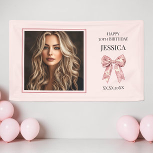 Modern Pink Happy 30th Birthday Photo Thirty Bow Banner
