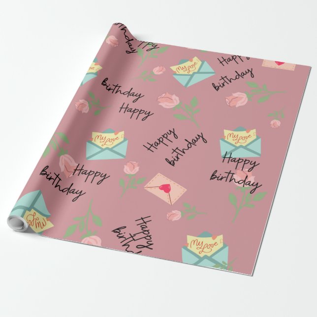 Modern pink happy birthday gift wrapping paper (Unrolled)