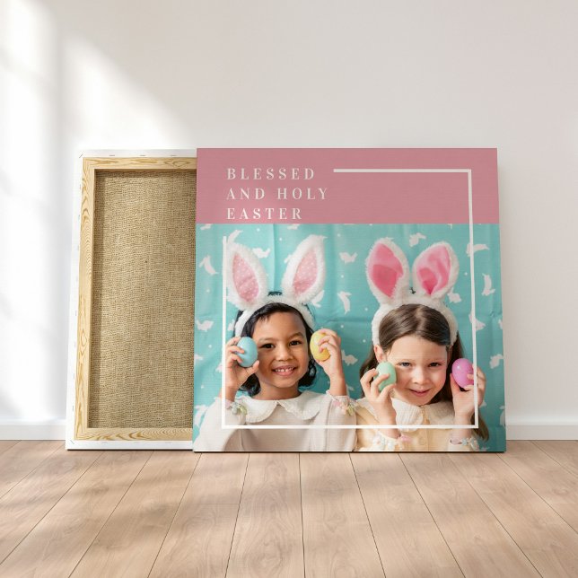 Modern Pink Happy Blessed Easter | Photo Gift Canvas Print (Creator Uploaded)