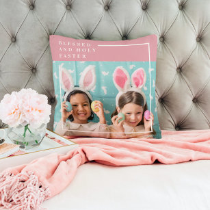 Modern Pink Happy Blessed Easter   Photo Gift Cushion