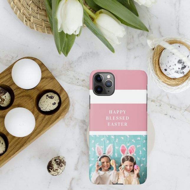 Modern Pink Happy Blessed Easter | Photo Gift iPhone Case (Creator Uploaded)