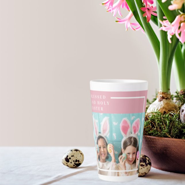 Modern Pink Happy Blessed Easter | Photo Gift Latte Mug (Creator Uploaded)