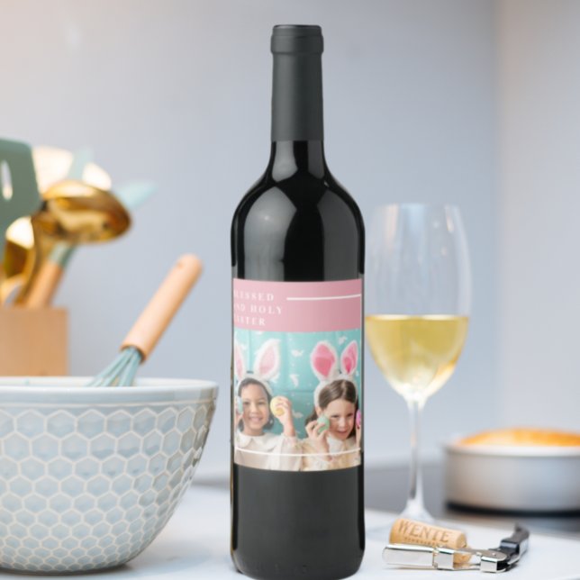 Modern Pink Happy Blessed Easter | Photo Gift Wine Label (Creator Uploaded)