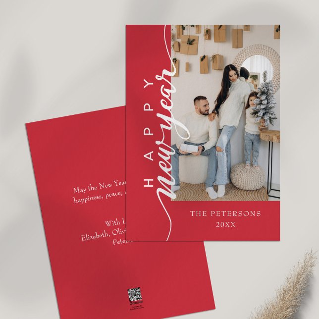 Modern Pink Happy New Year Greeting Holiday Card (Modern Pink Happy New Year Greeting Holiday Card on a table.)