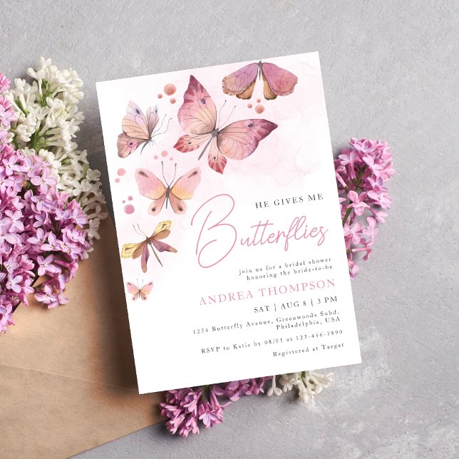 Modern Pink He Gives me Butterflies Bridal Shower Invitation (Creator Uploaded)