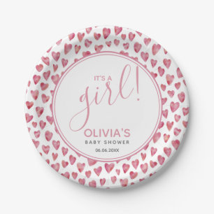 Modern Pink Heart Baby Shower It's A Girl Paper Plate
