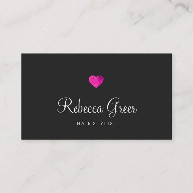 Modern Pink Heart Hair Stylist Black Business Card (Front)