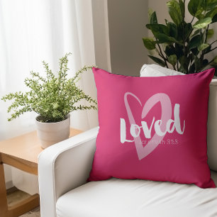 Modern Pink Heart Loved Scripture Cushion