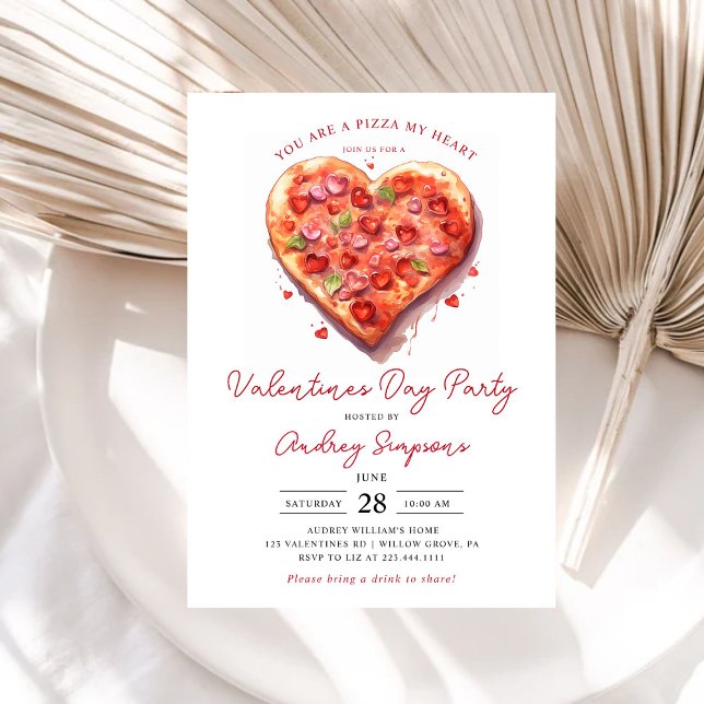 Modern Pink Heart Pizza Valentines Party Invitation (Creator Uploaded)