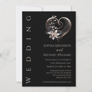 Modern Pink Heart with Flowers Wedding Invitation