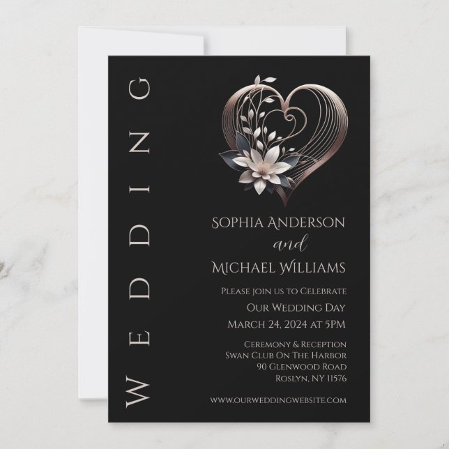 Modern Pink Heart with Flowers Wedding Invitation (Front)