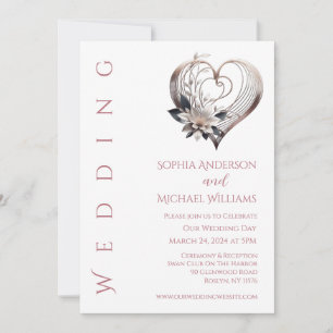 Modern Pink Heart with Flowers Wedding Invitation