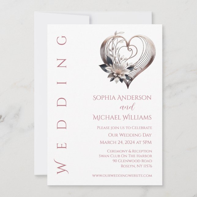 Modern Pink Heart with Flowers Wedding Invitation (Front)