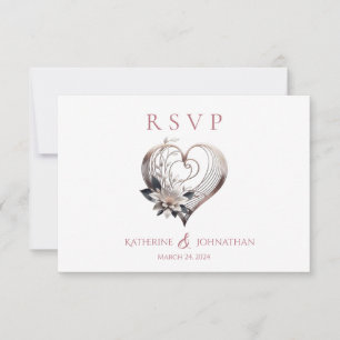 Modern Pink Heart with Flowers Wedding RSVP Card