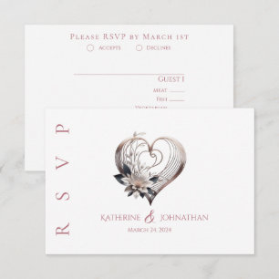Modern Pink Heart with Flowers Wedding RSVP Card