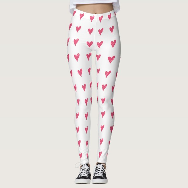Modern Pink Heart with White Dots Pattern Leggings (Front)