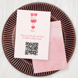Modern Pink Hearts '2 become 1' Wedding QR Code Enclosure Card
