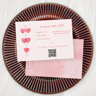 Modern Pink Hearts '2 become 1' Wedding QR Code RSVP Card