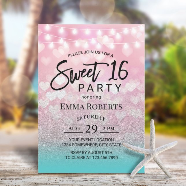 Modern Pink Hearts Teal Silver Ombre Sweet 16 Invitation (Creator Uploaded)