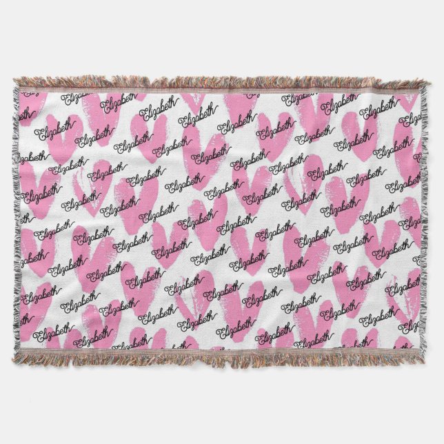 Modern pink hearts watercolor text calligraphy  throw blanket (Front)