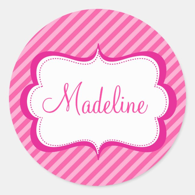 Modern Pink Hot Stripe Princess Seal Sticker name (Front)
